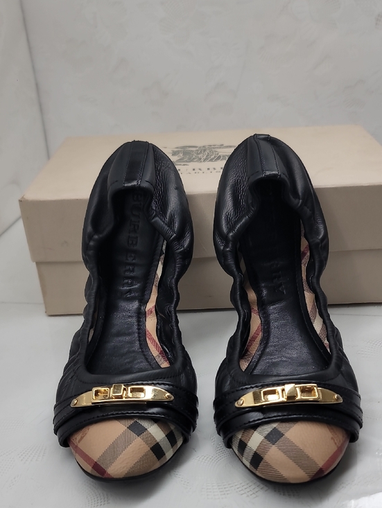 Burberry Shoes - Burberry Black Leather Ballet Flats with Vintage Check Toe and Gold Accent
